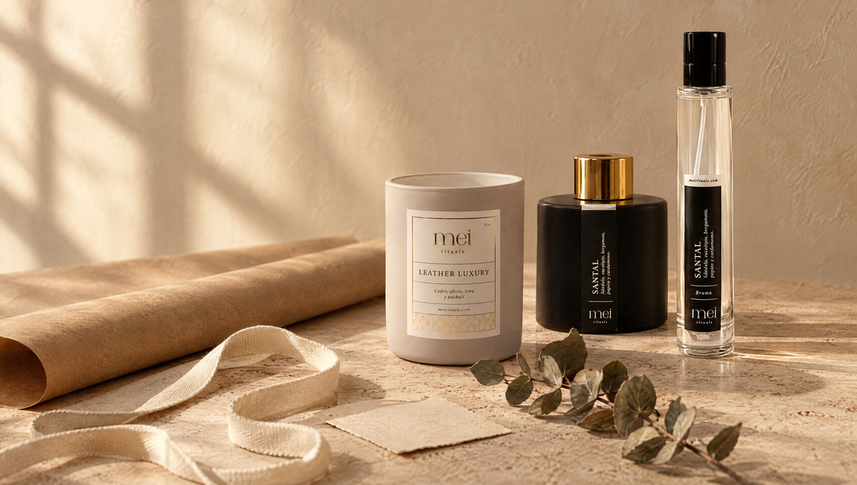 Vela Leather Luxury, difusor y bruma Santal de Mei Rituals con papel kraft y cinta de algodón, guía de regalos de aroma para la casa