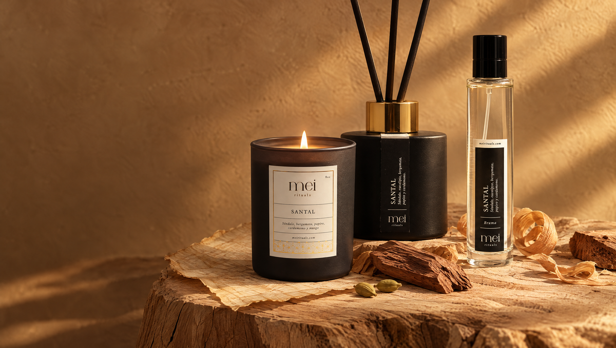Vela, difusor y bruma Santal de Mei Rituals junto a astillas de sándalo, papiro y cardamomo, crónica del sándalo de Mysore