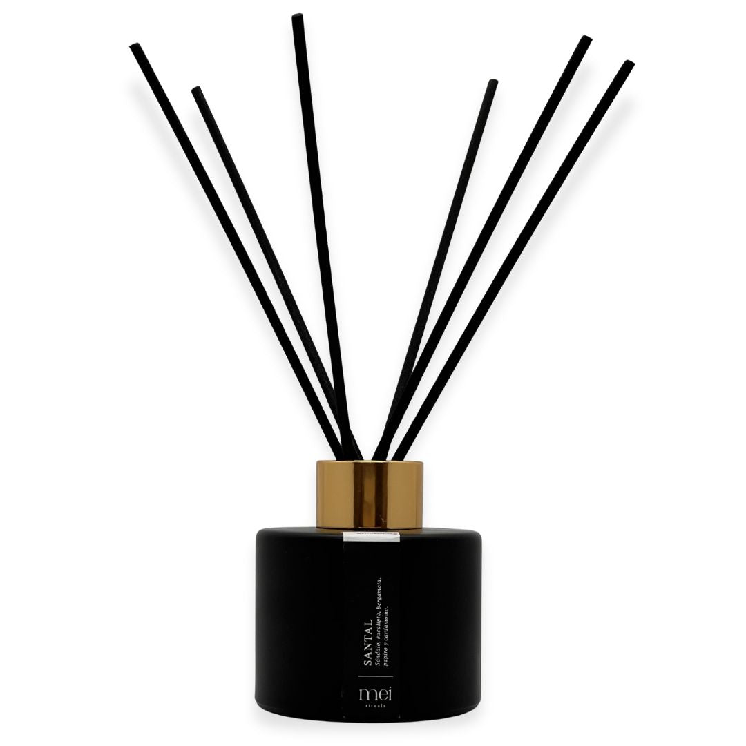 Difusor de fragancia Santal de Mei Rituals con notas de eucalipto, bergamota, papiro, cardamomo, ámbar, violeta, sándalo, almizcle y cuero.